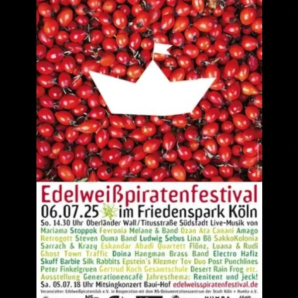 Festivalposter. Ein Bild von vielen Cocktail Tomaten auf der oberen Hälfte des Posters. Auf der unteren Hälfte sind in bunter Schrift das Datum, Ort und die beteiligten Musiker:innen aufgelistet.